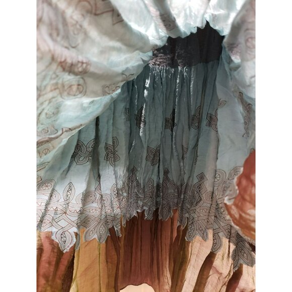 Coldwater Creek XL Crinkle Boho Maxi Skirt Brown w Blue Floral Design Stretch - Picture 5 of 8